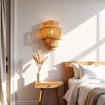 Warm-toned raffia wall sconce creating ambient lighting in modern bedroom setting