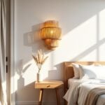 Boho handwoven raffia wall sconce with four-tier design creating ambient bedroom lighting with natural texture