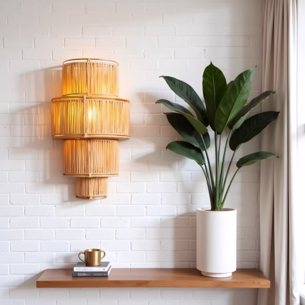 Natural raffia wall sconce with tiered design mounted on white brick wall beside potted plant