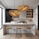 Pair of handwoven rattan pendant lamps with wave pattern above modern kitchen island with marble countertop