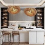 Two large handwoven rattan pendant lamps illuminating marble kitchen island with contemporary bar stools