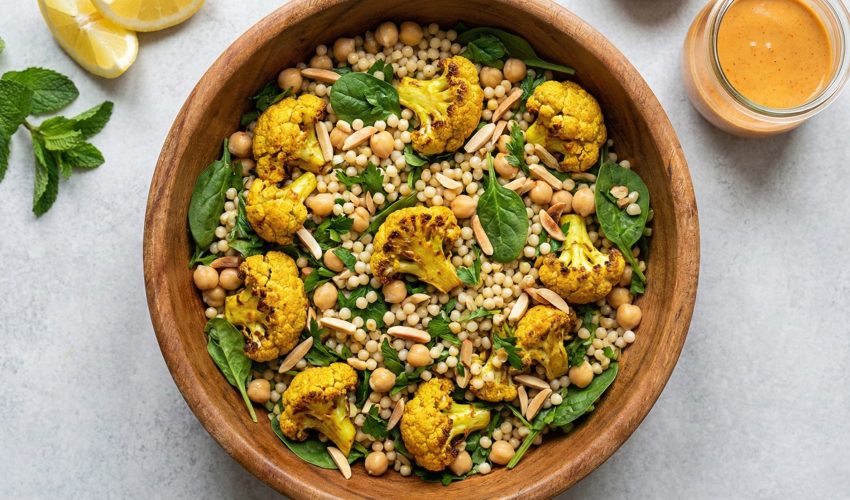 Mixed Moroccan cauliflower couscous bowl with turmeric-roasted cauliflower, chickpeas, pearl couscous, fresh herbs, and toasted almonds in a wooden serving bowl