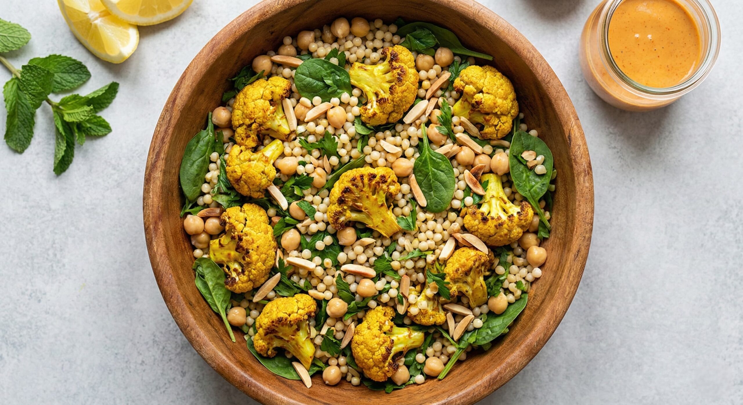 Mixed Moroccan cauliflower couscous bowl with turmeric-roasted cauliflower, chickpeas, pearl couscous, fresh herbs, and toasted almonds in a wooden serving bowl