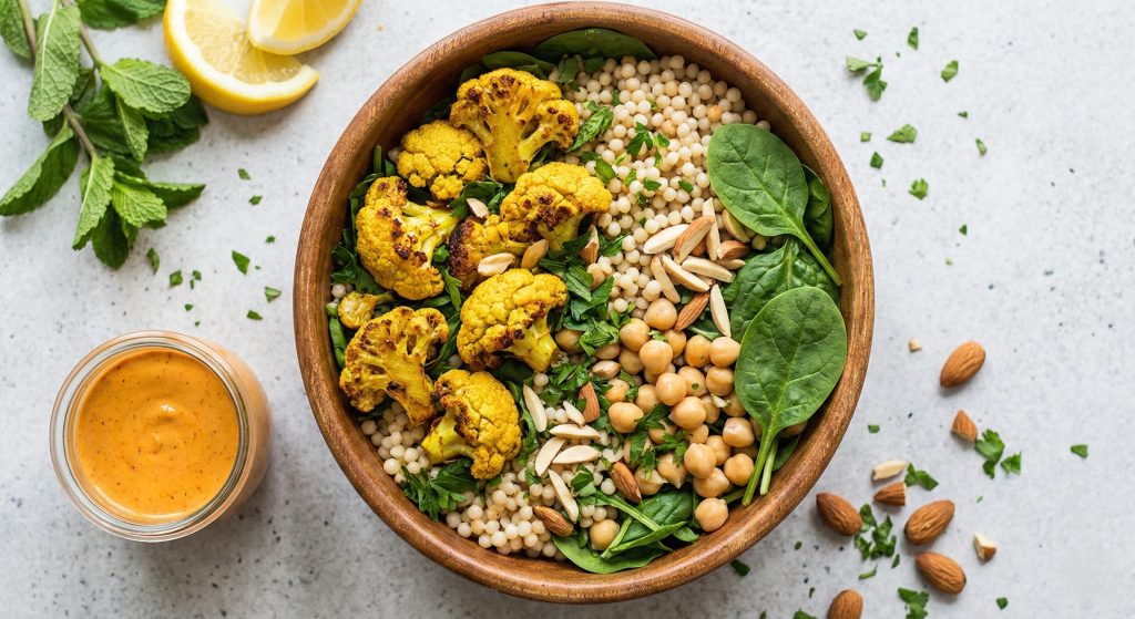Moroccan Cauliflower Couscous Power Bowl Turmeric-roasted cauliflower power bowl with pearl couscous, chickpeas, fresh herbs, and slivered almonds served in a wooden bowl with harissa tahini dressing