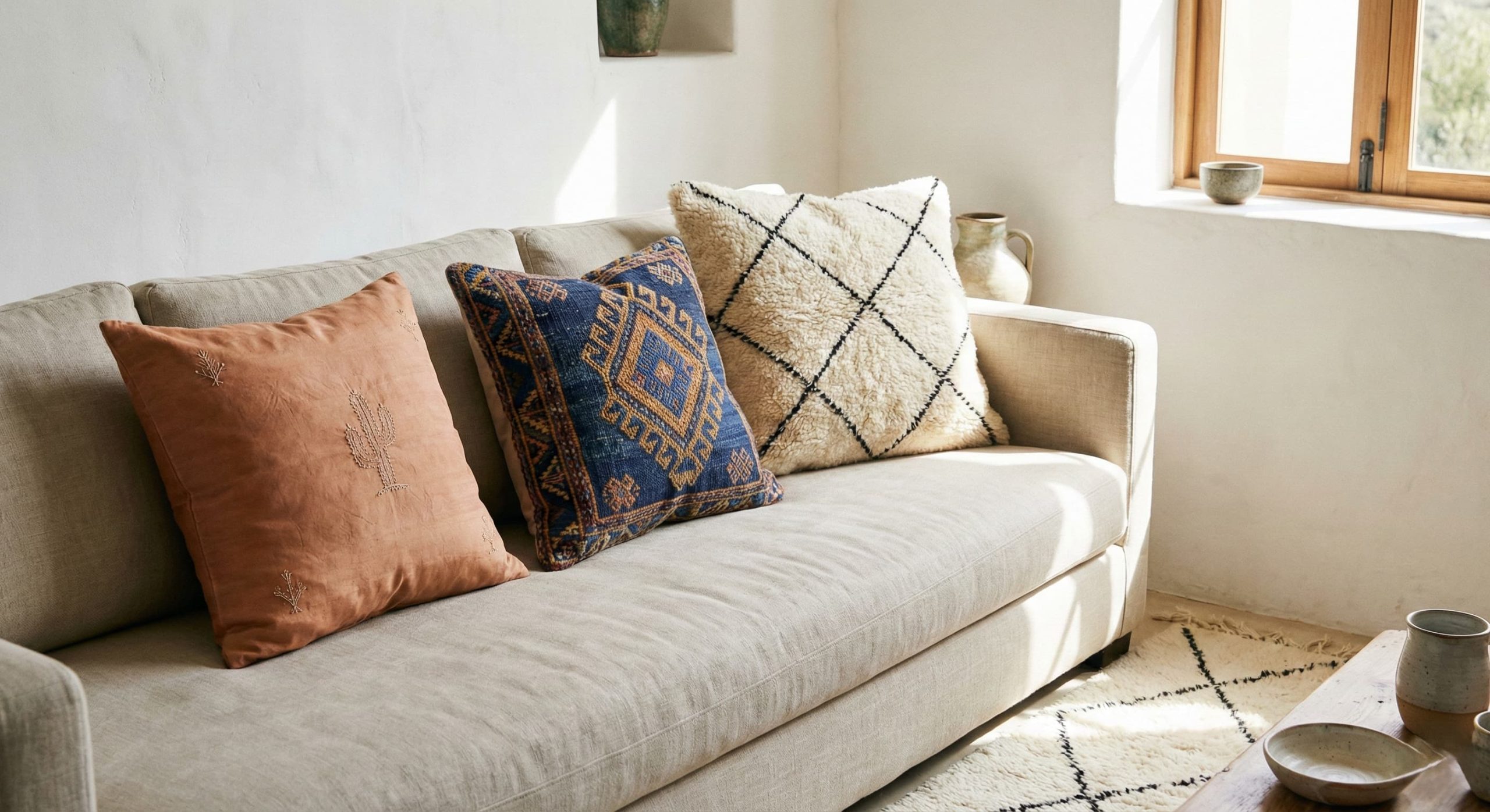 An assortment of handmade Moroccan pillow covers, including cactus silk and wool Kilim styles with geometric patterns, layered on a sofa in a bright, modern room.