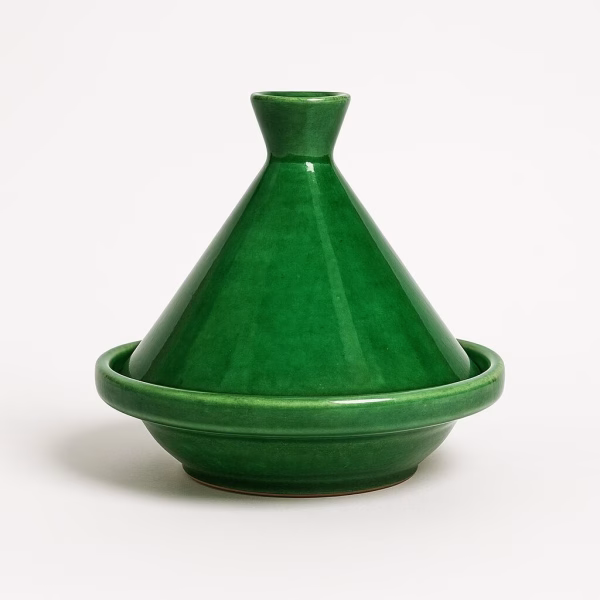 Vibrant green Moroccan tagine pot in ceramic finish, displayed upright