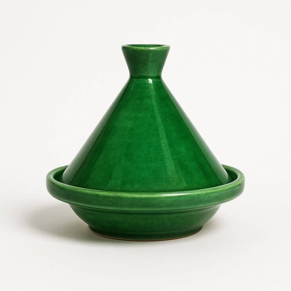 Green glazed ceramic tagine pot - traditional Moroccan cooking vessel with high-gloss finish and conical lid