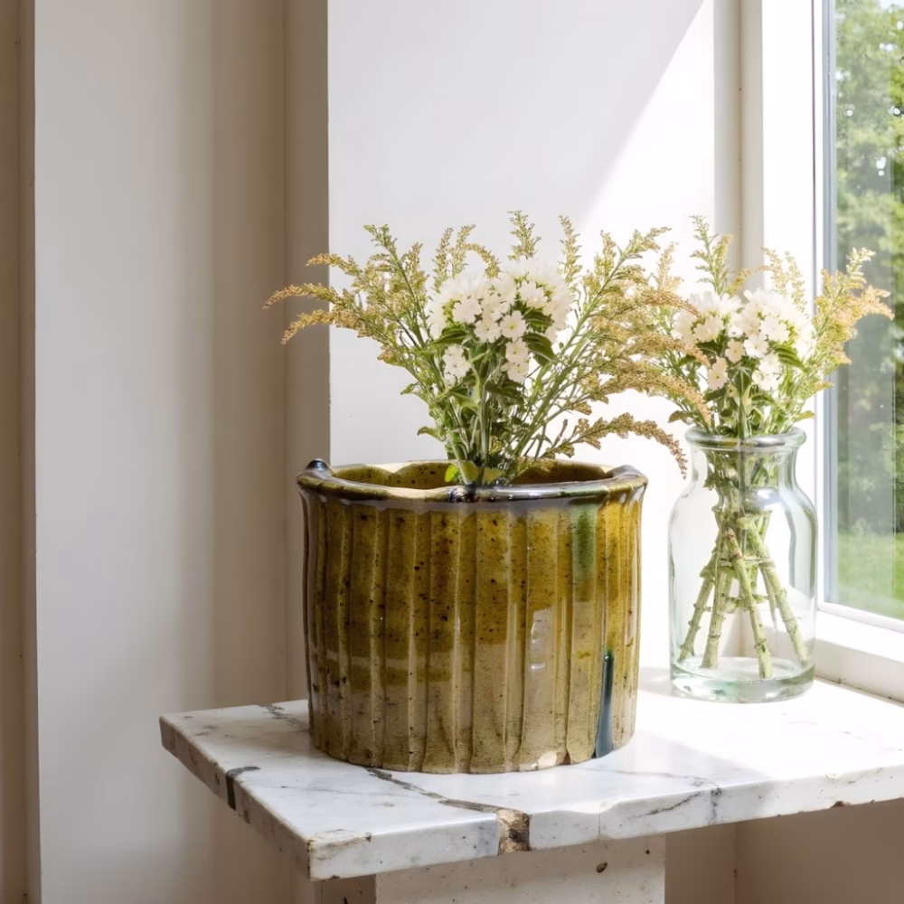 Amber Tamegroute ceramic planters with fresh greenery by window