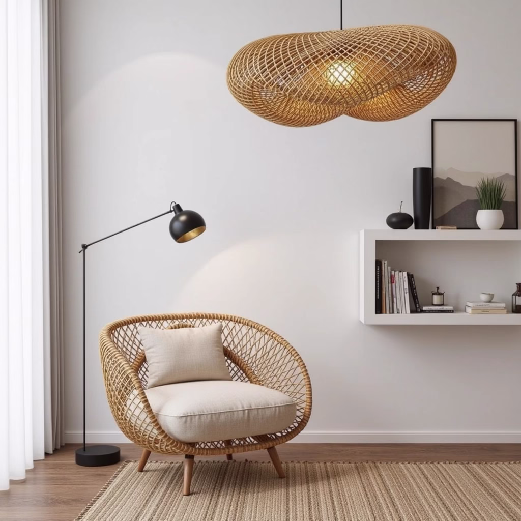 Artisanal brass lamps and handwoven straw pendant lights for bohemian home decor
