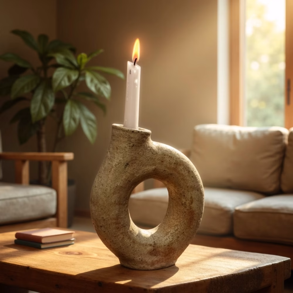 Artisanal ceramic ring candleholder styled in cozy living room setting