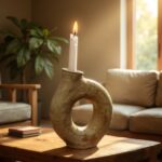 Minimalist ceramic candle holder with circular opening, natural speckled finish, lit white candle in warm living room