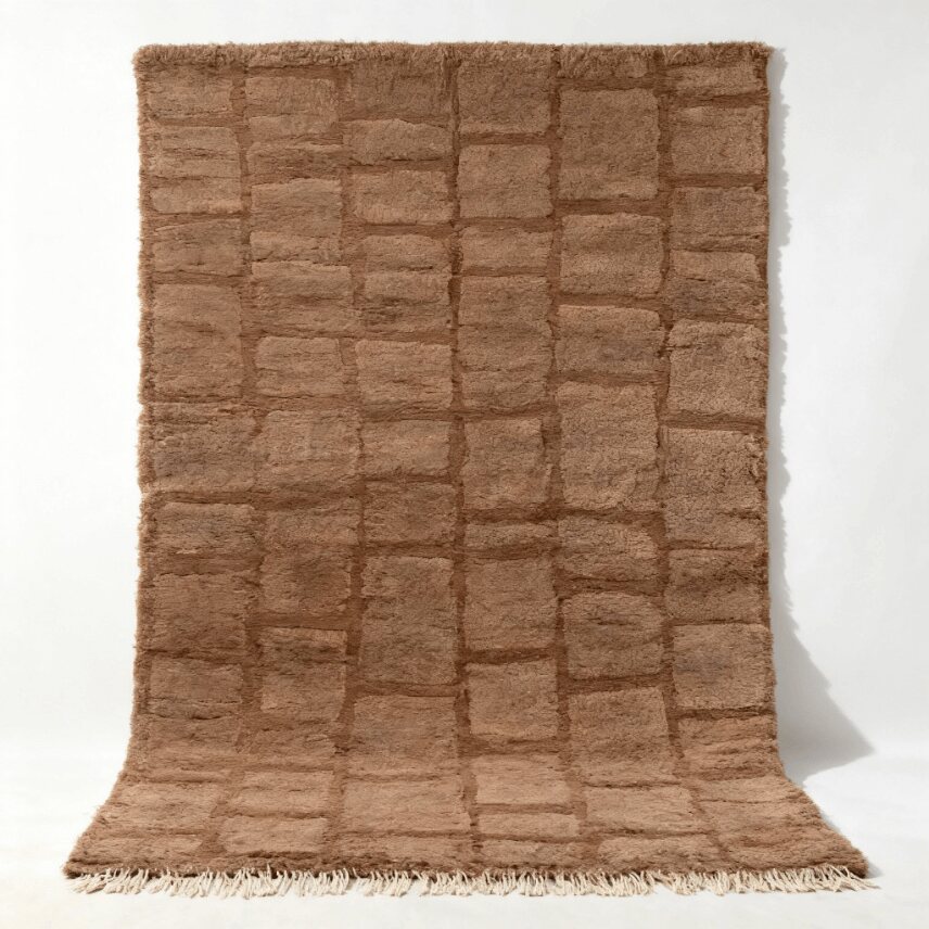 Brown Moroccan Wool Shag Rug with Geometric Grid - MCWR22 (Featured Back) Handwoven Moroccan wool shag rug with geometric grid pattern in natural brown tones on white studio background