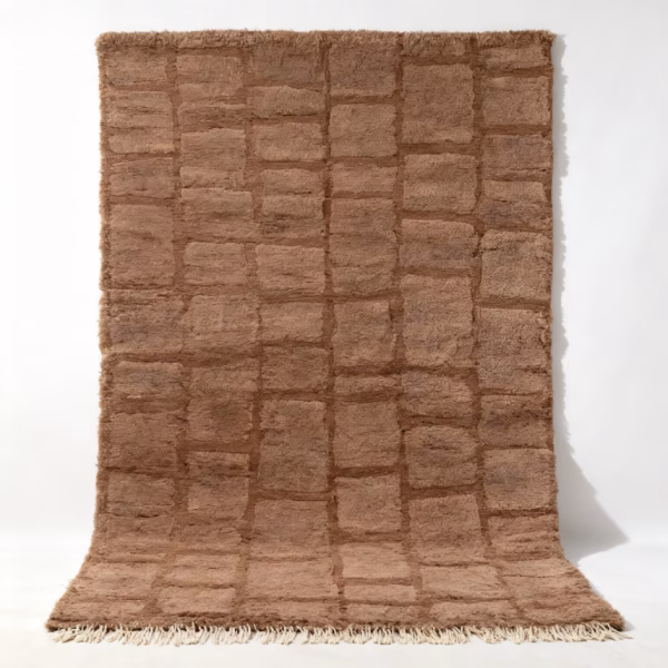 Brown Moroccan shag rug with geometric grid pattern