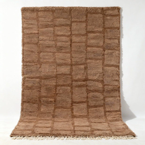 Brown Moroccan shag rug with geometric grid pattern