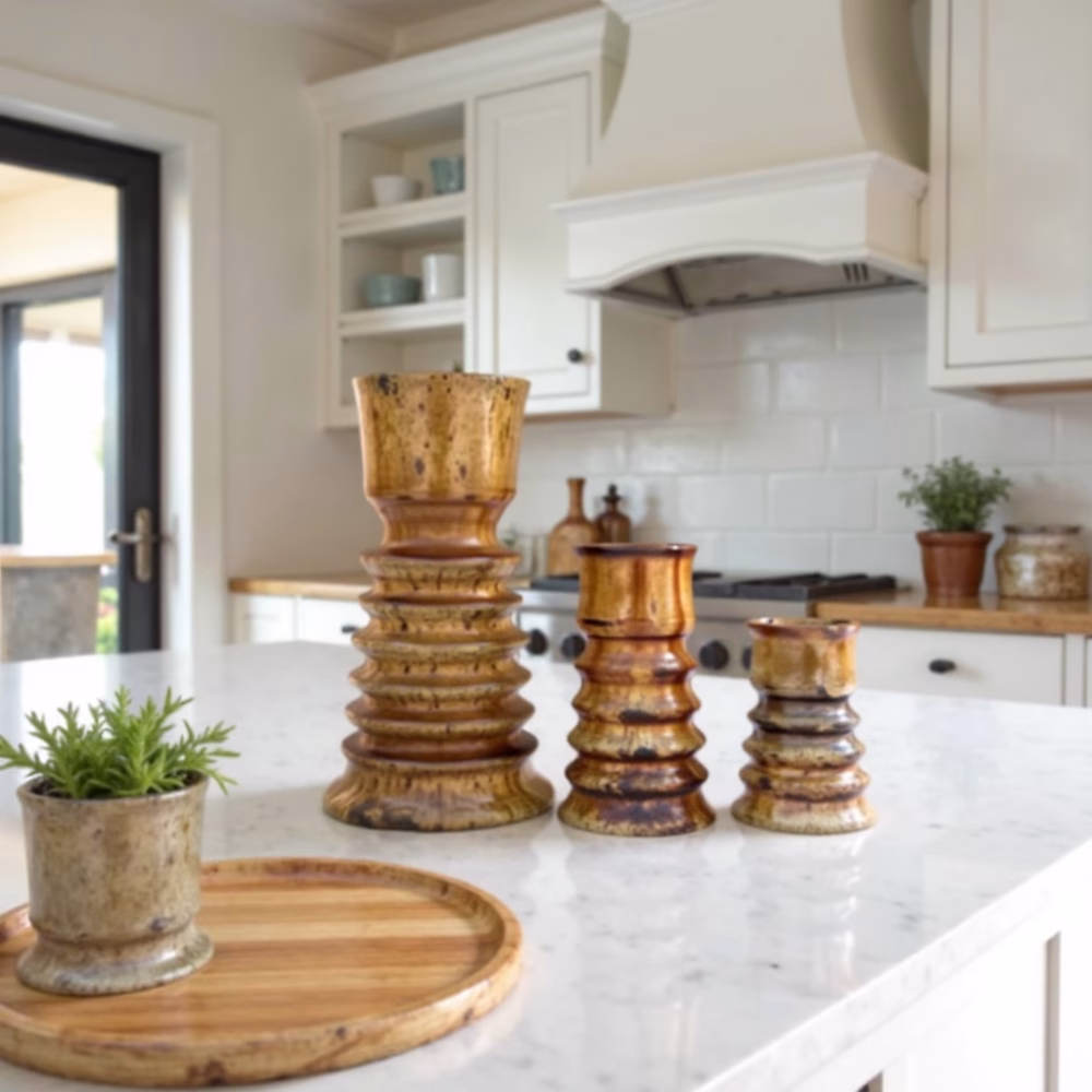 Brown stacked pillar candleholders on marble counter