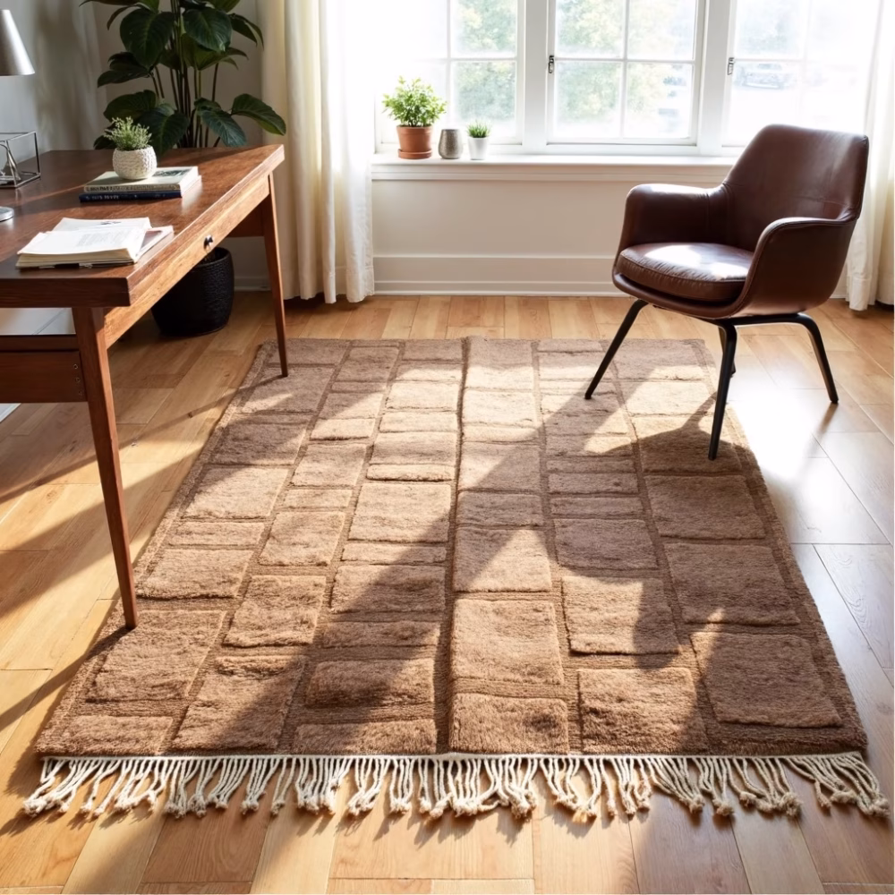 Brown wool rug in contemporary office space