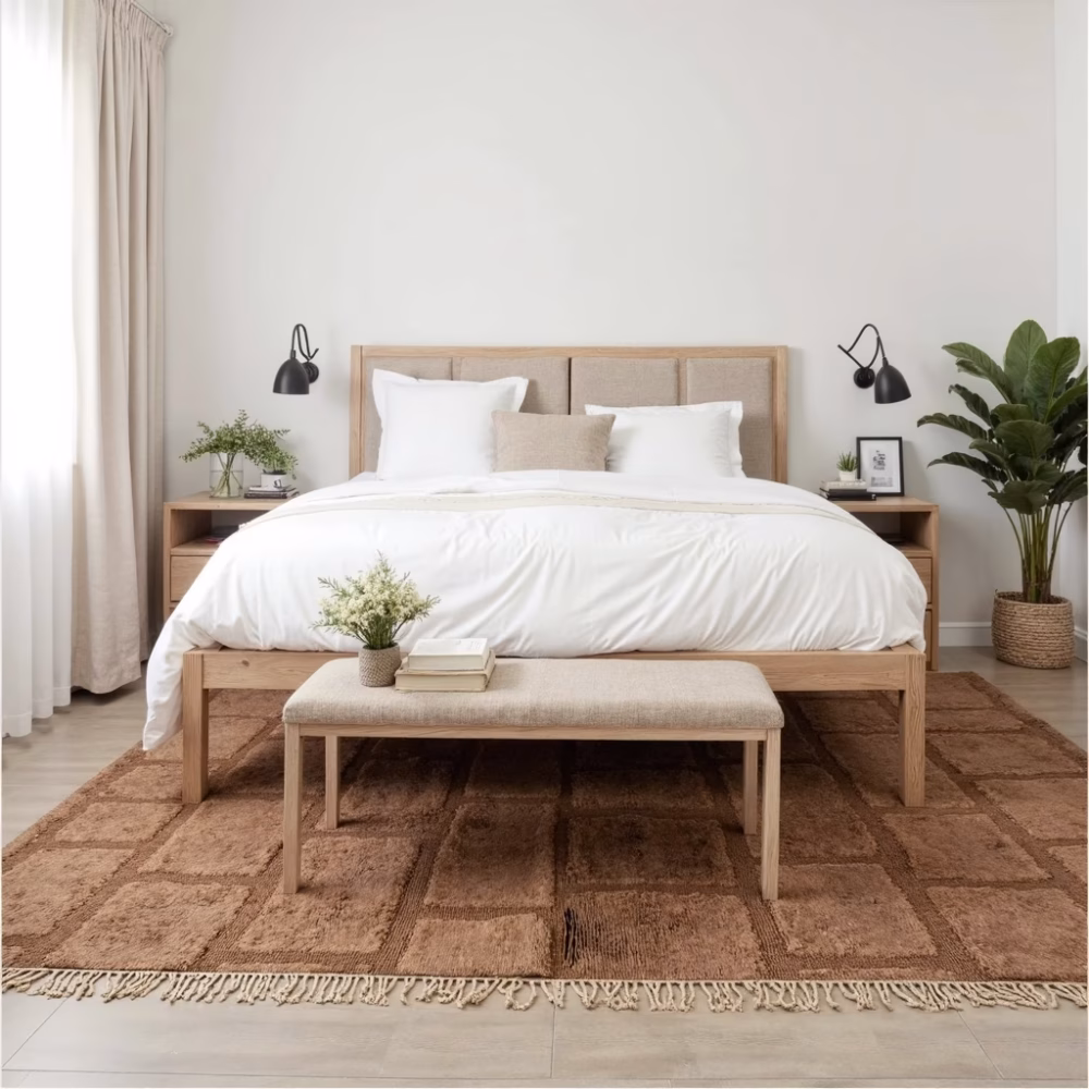 Brown wool rug in minimalist bedroom