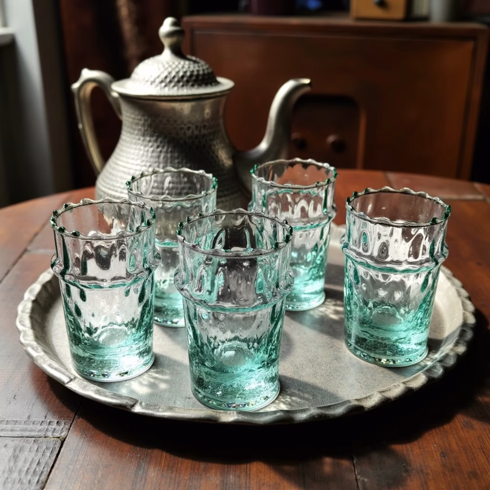 Complete Moroccan tea service with teapot and traditional glasses