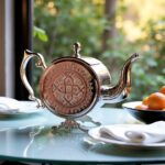 Near-flat decorative silver teapot display with hand-engraved patterns on glass table with citrus and white dishes