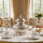 Elegant silver ribbed teapot centerpiece at formal tea service with white cups and pastries on marble