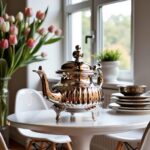 Handcrafted ribbed silver teapot ornate style on a white table with pink tulips near a sunlit window