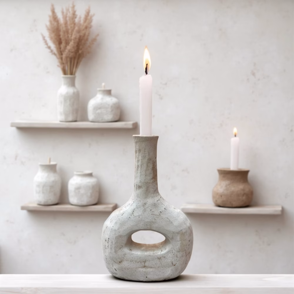 Gray ceramic bottle candleholder with brass lamp styling