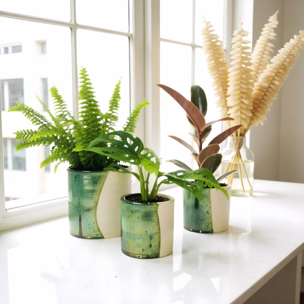 Green Tamegroute ceramic plant pots with ferns and pampas grass