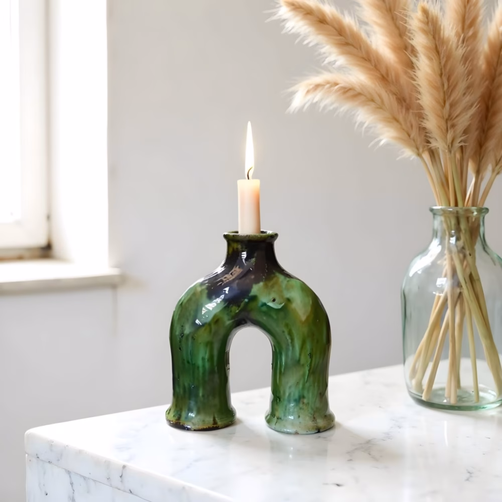 Green candle ceramic holder with pampas grass decor
