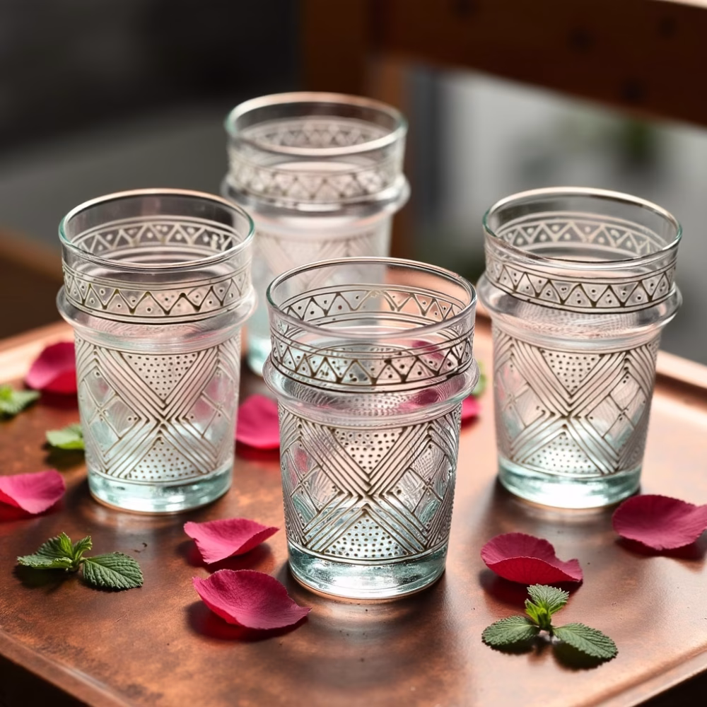 Hand-painted Moroccan tea glasses with rose petals and mint leaves