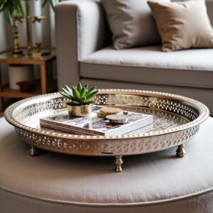 Handcrafted decorative trays featuring intricate metalwork and traditional designs