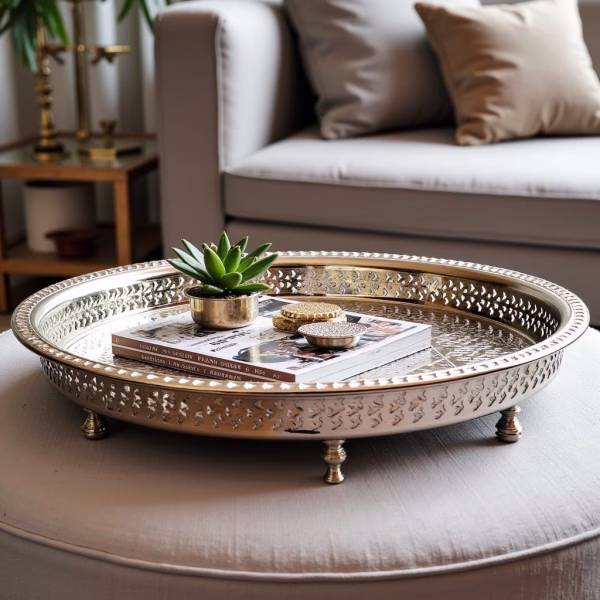 Handcrafted decorative trays featuring intricate metalwork and traditional designs