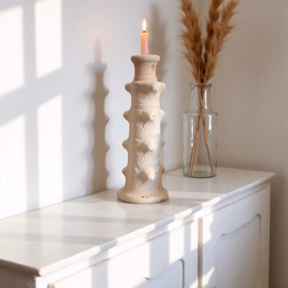 Handcrafted white pottery candlestick on white console table