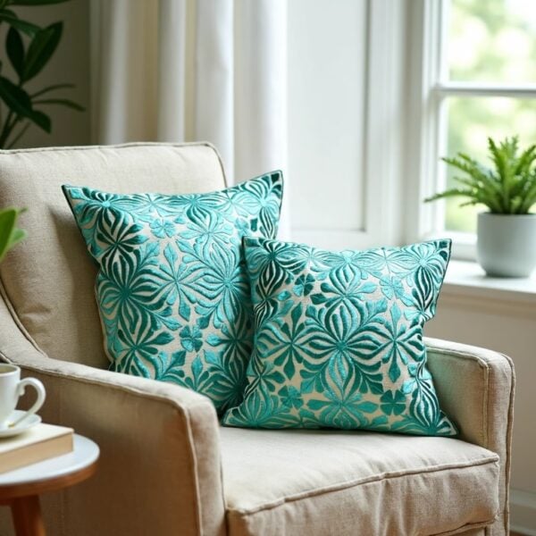 Handembroidered decorative pillows with traditional patterns and sustainable textiles