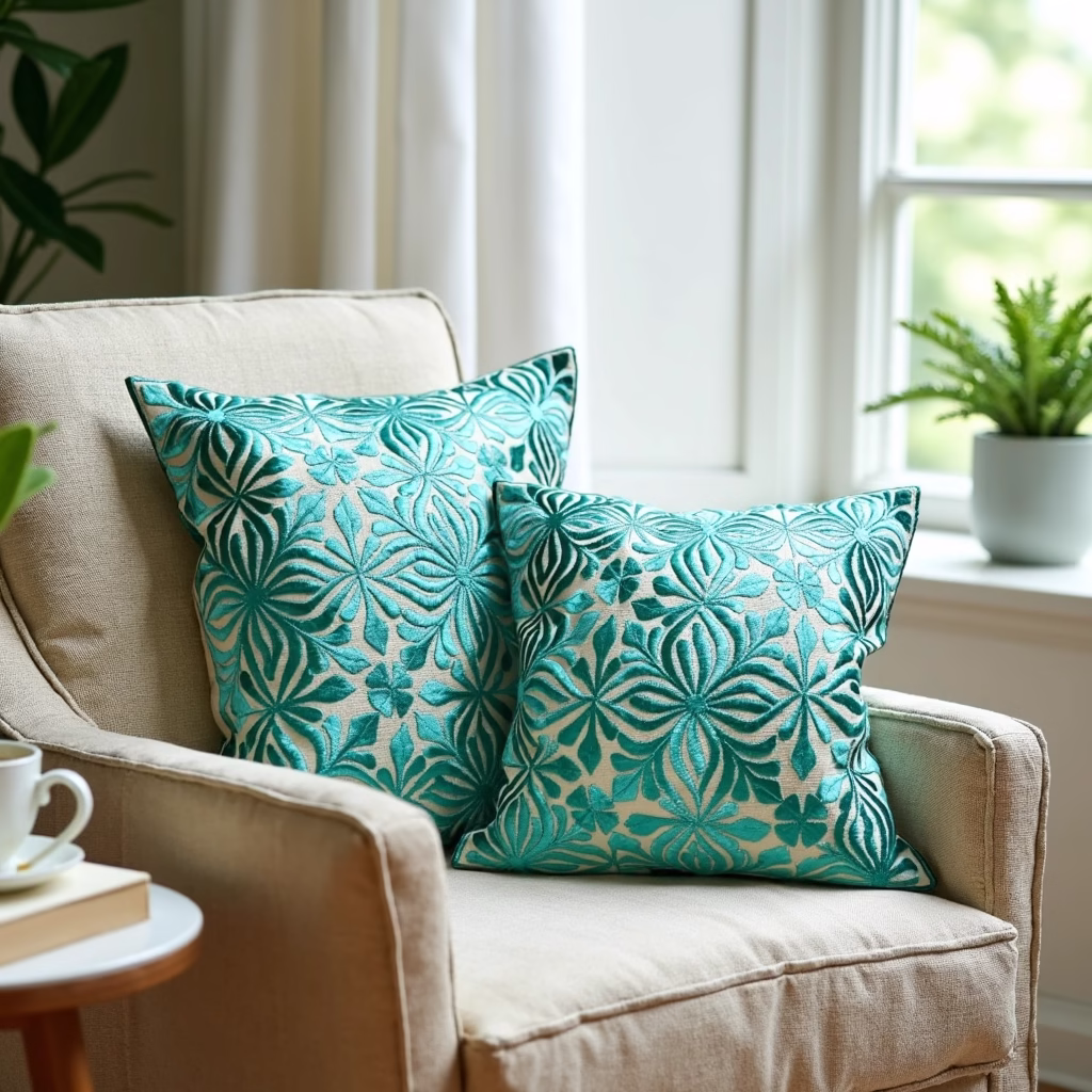 Handembroidered decorative pillows with traditional patterns and sustainable textiles