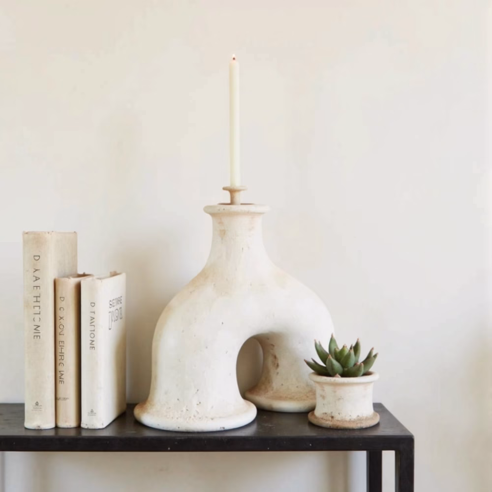 Handmade Tamegroute arch candleholder styled with books