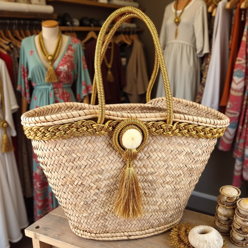 Handmade leather bags and sustainable straw accessories crafted by artisans using traditional techniques