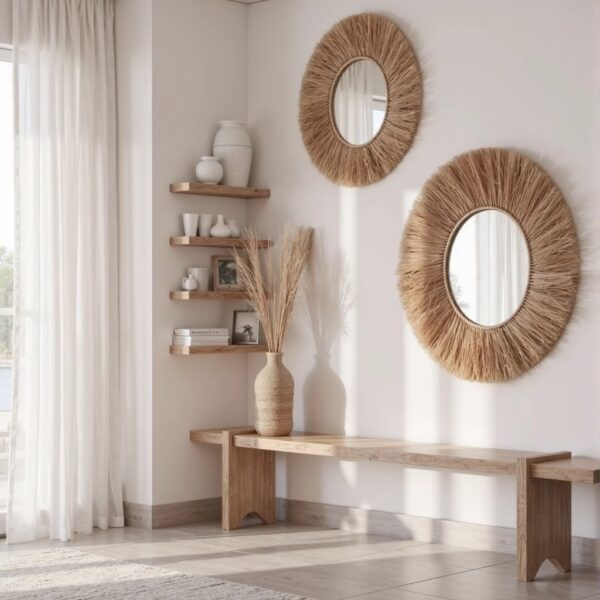 Handmade wall mirrors and decorative pieces featuring sustainable palm leaf and artisanal designs