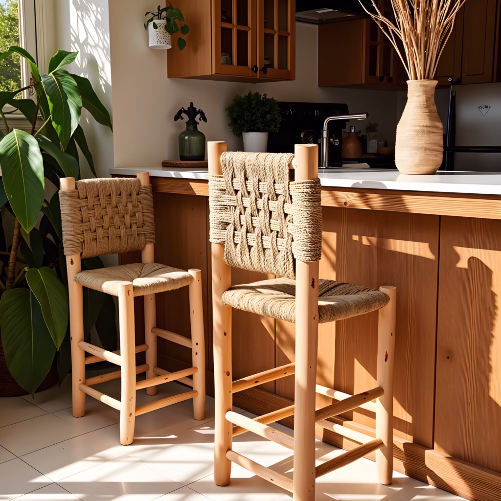 Handwoven leather and palm leaf furniture handcrafted by skilled artisans using sustainable materials