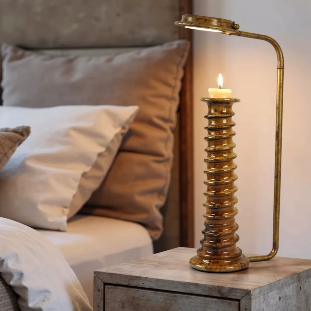 Light brown ceramic candleholder beside bed