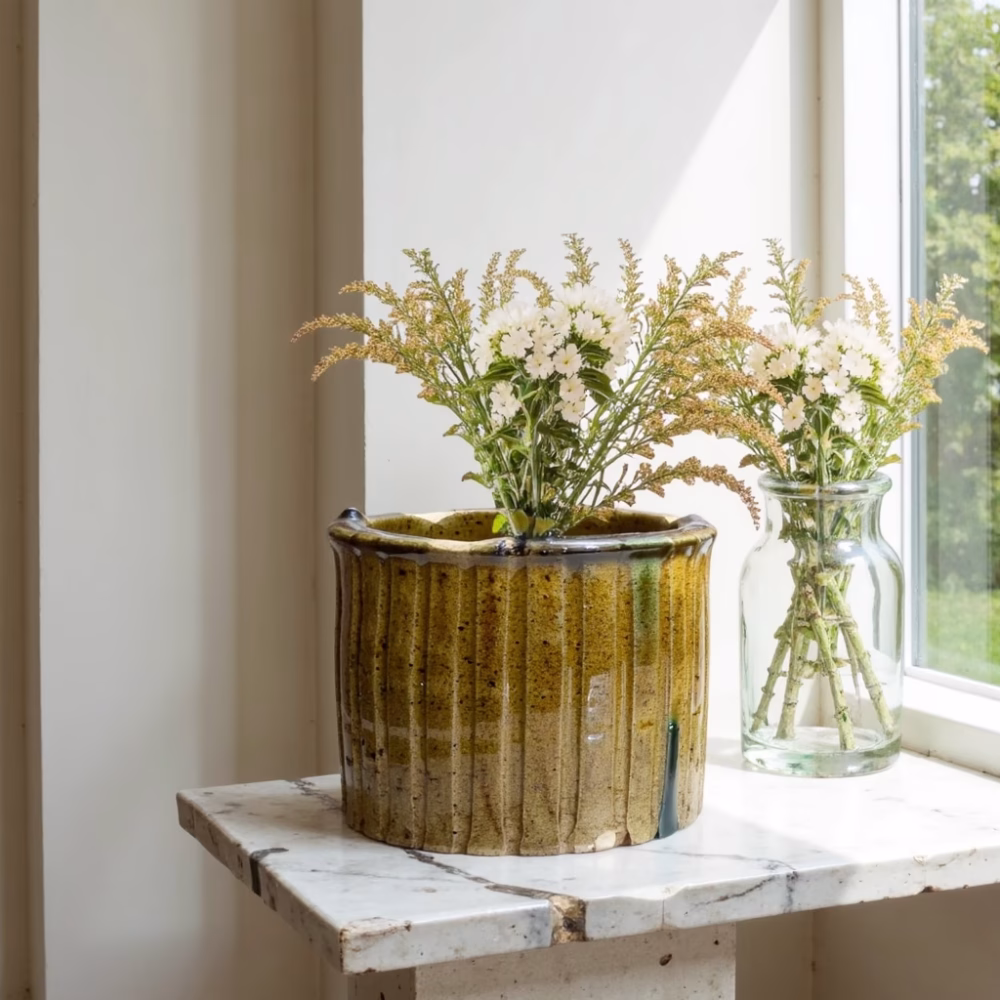 Light brown glazed planter with ferns on windowsill