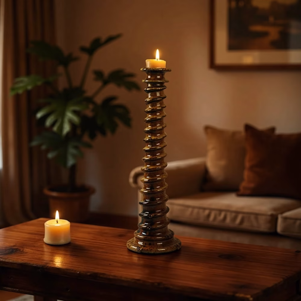 Light brown tall candle holder in evening ambiance