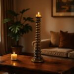 Artisan brown ceramic candle holder with ribbed tower design and warm candlelight glow