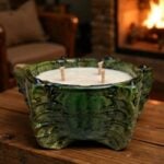 Green glazed ceramic candle 10 inch statement piece with triple wicks by cozy fireplace