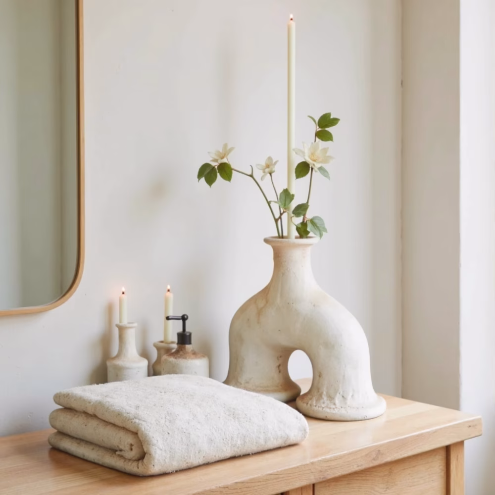 Minimalist Moroccan candleholder with fresh greenery styling