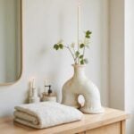 Tamegroute ceramic candleholder with flowers beside mirror on wood vanity, handcrafted white pottery piece
