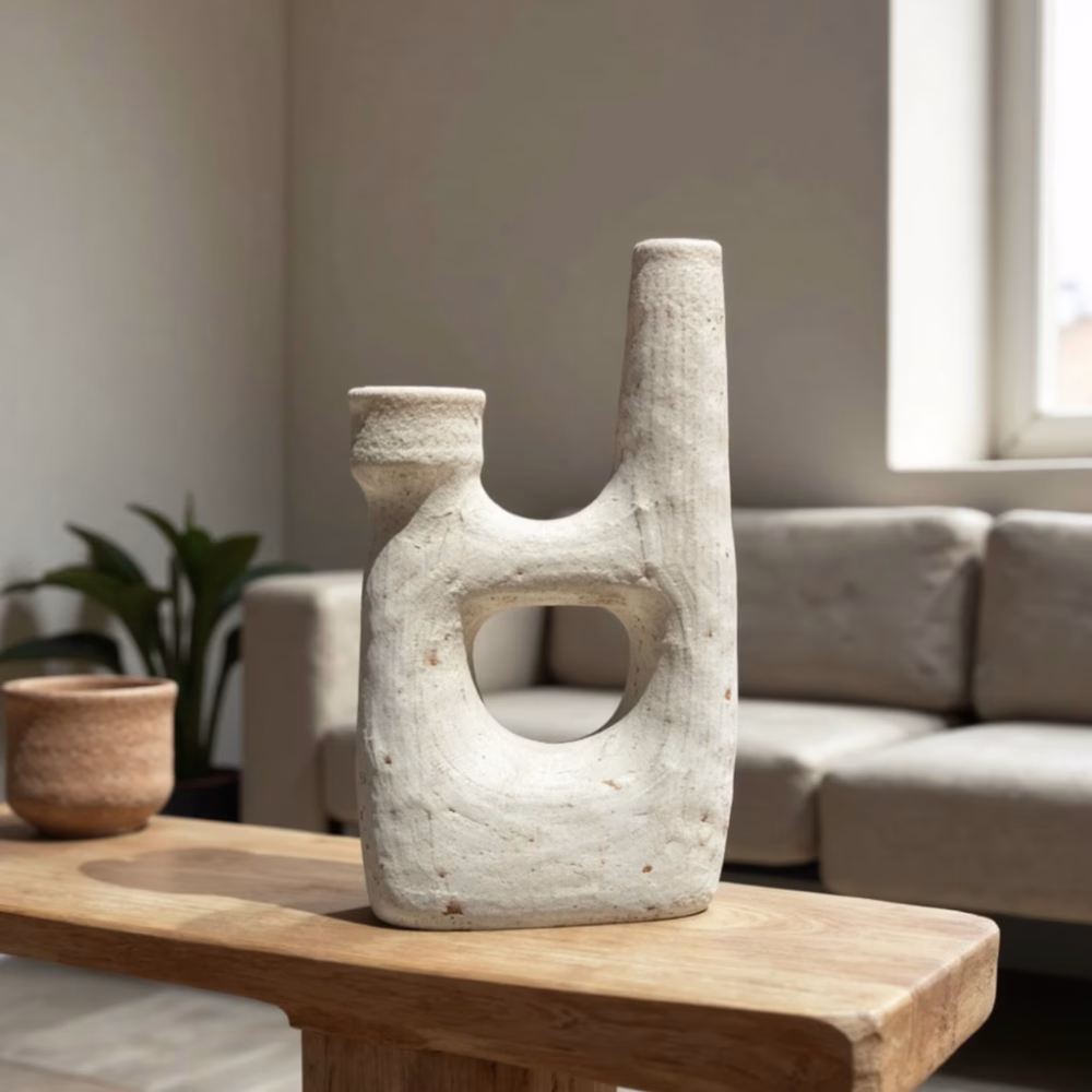 Modern Moroccan pottery candle holder in living room setting