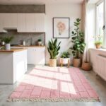 Dusty pink Moroccan wool rug with textured blocks in elegant entryway with black door and console