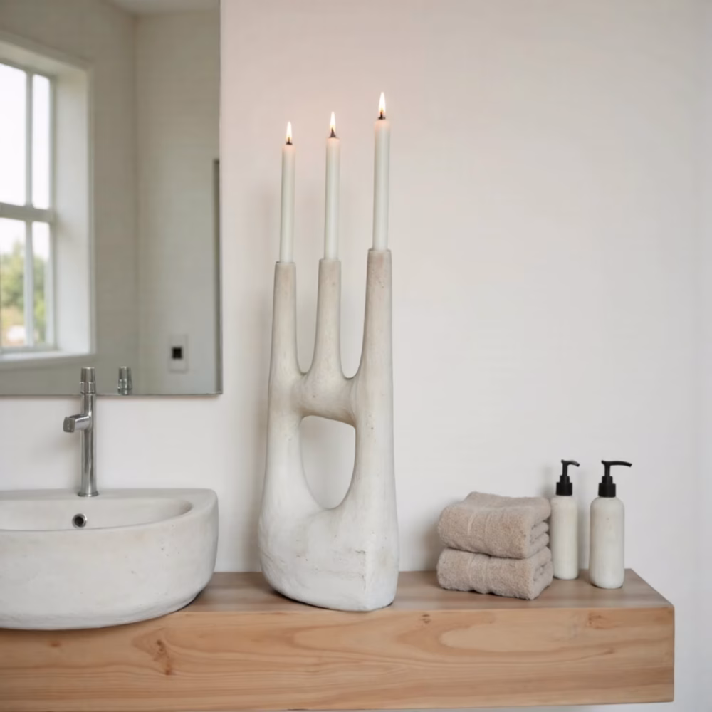 Modern triple candle holder in minimalist bathroom