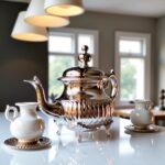 Handcrafted ribbed silver teapot ornate silverwork on a kitchen island with white ceramics and pendant lighting