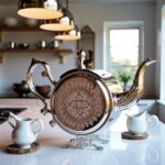 Polished decorative silver teapot display with curved spout and embossed medallion in a contemporary kitchen